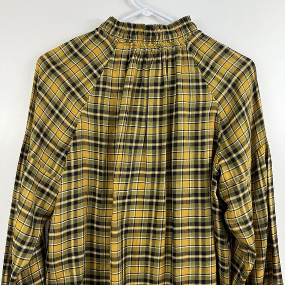 Loft Yellow Black Plaid Button Up Shirt Small Ruffle Neck Fall Tunic Preppy - Picture 9 of 14